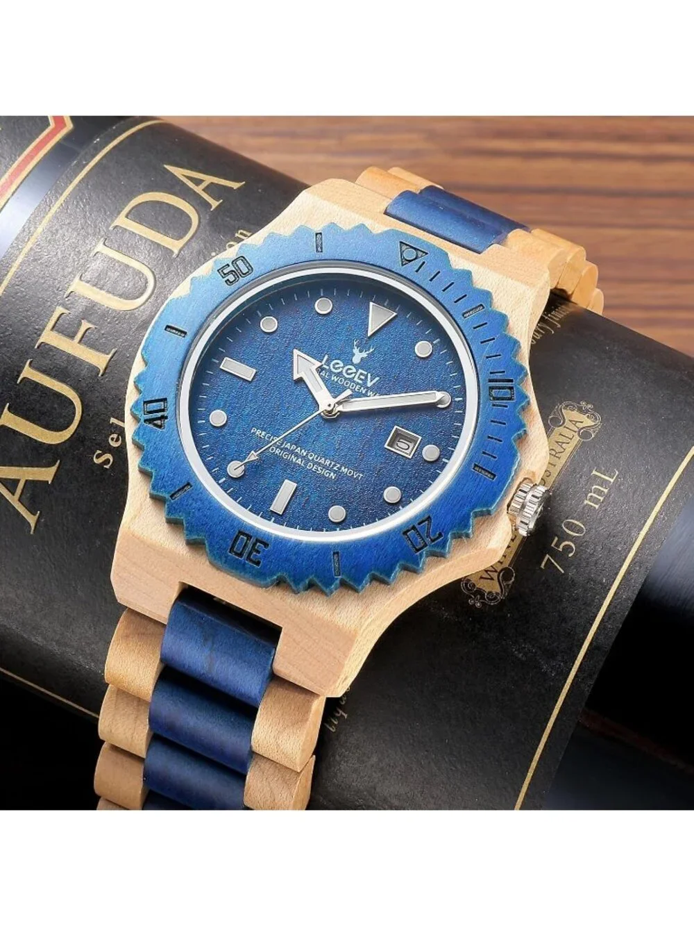 Men's Blue Handcrafted Sandalwood Vintage Calendar Analog Wrist Wooden Watch